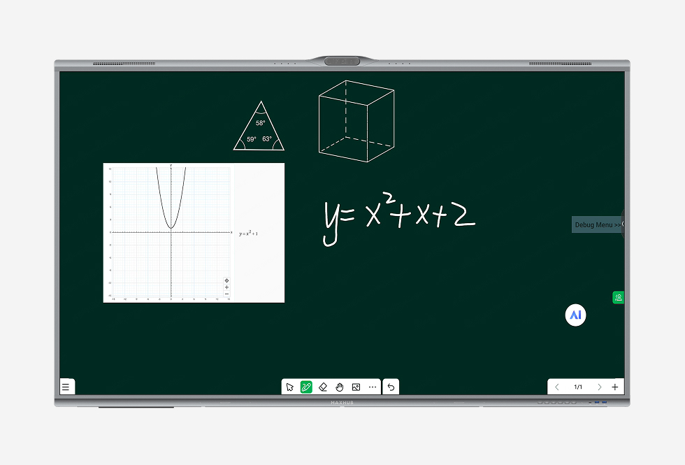 Bảng trắng EasiClass hiển thị chữ viết tay, đồ thị và hình học